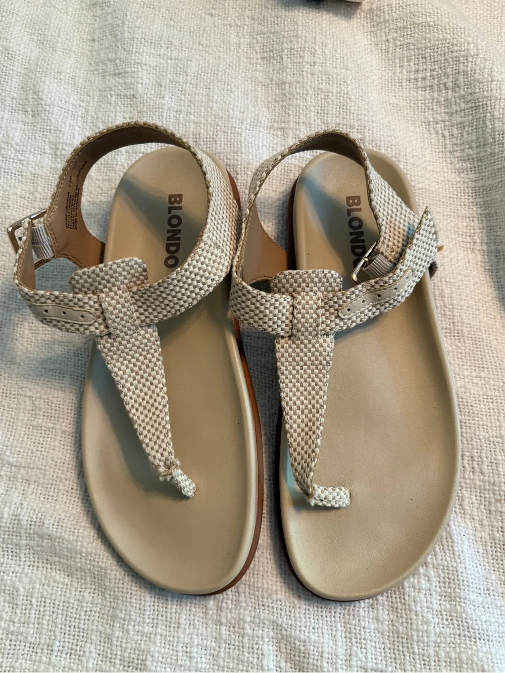 Blondo Beige and White Woven T strap Sandals with Adjustable Ankle Strap
